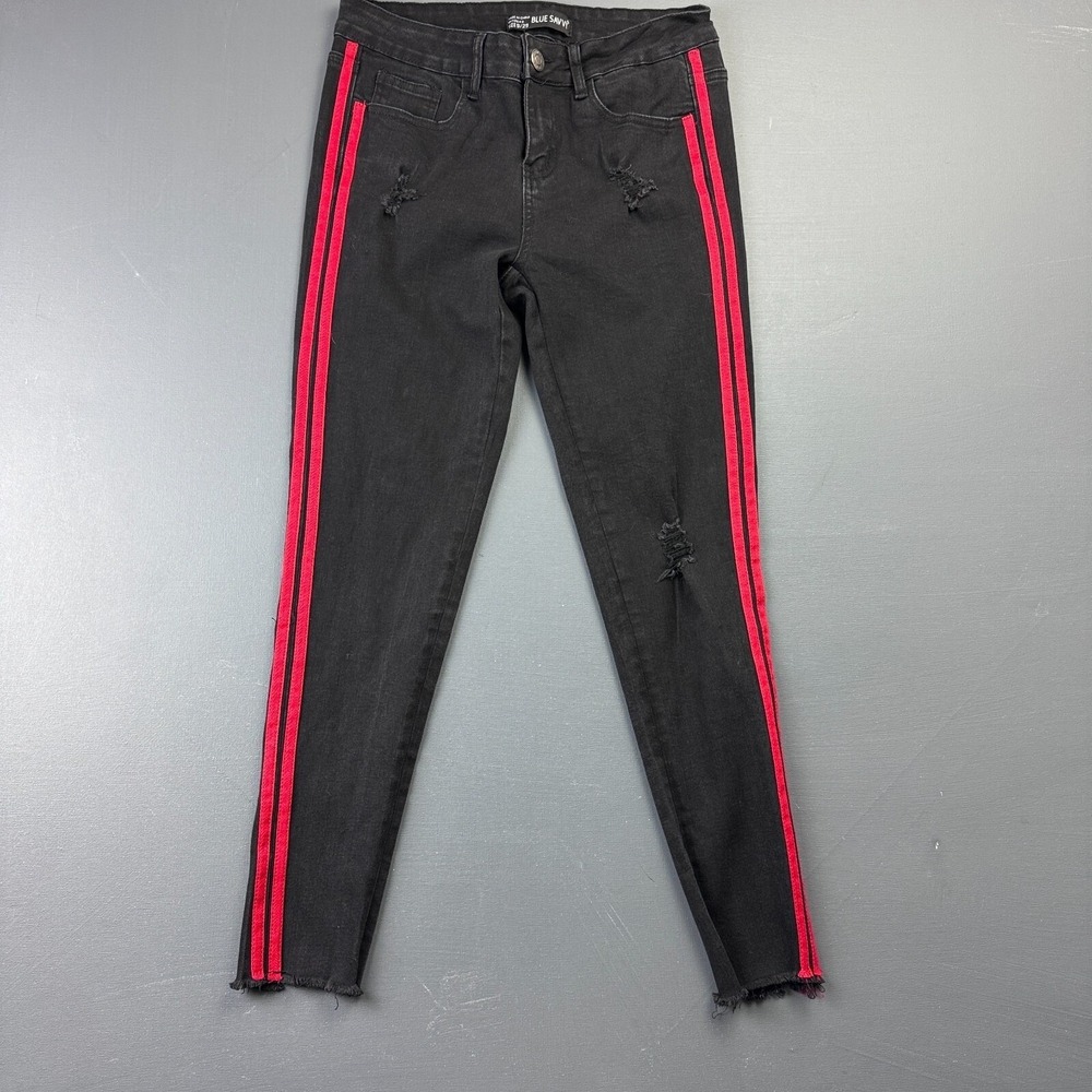 Blue Sky Jeans Women's 9/29 Black Red Side Stripe Distressed Raw Hem Ankle Jeans